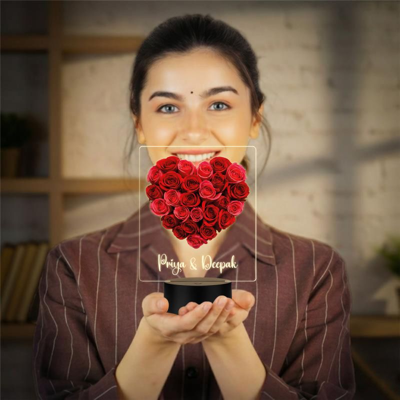 Personalized Rose Led Night Lamp Customized with Name Gift for Valentines Day & Rose Day Gift for Couples Warm White Light